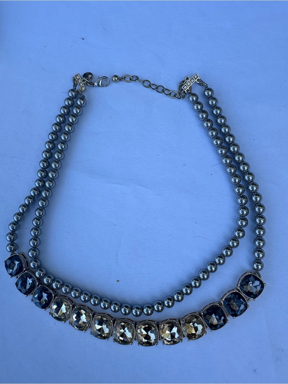 Statement Double-Strand Silver Bead Necklace with Blue and Champagne Crystals